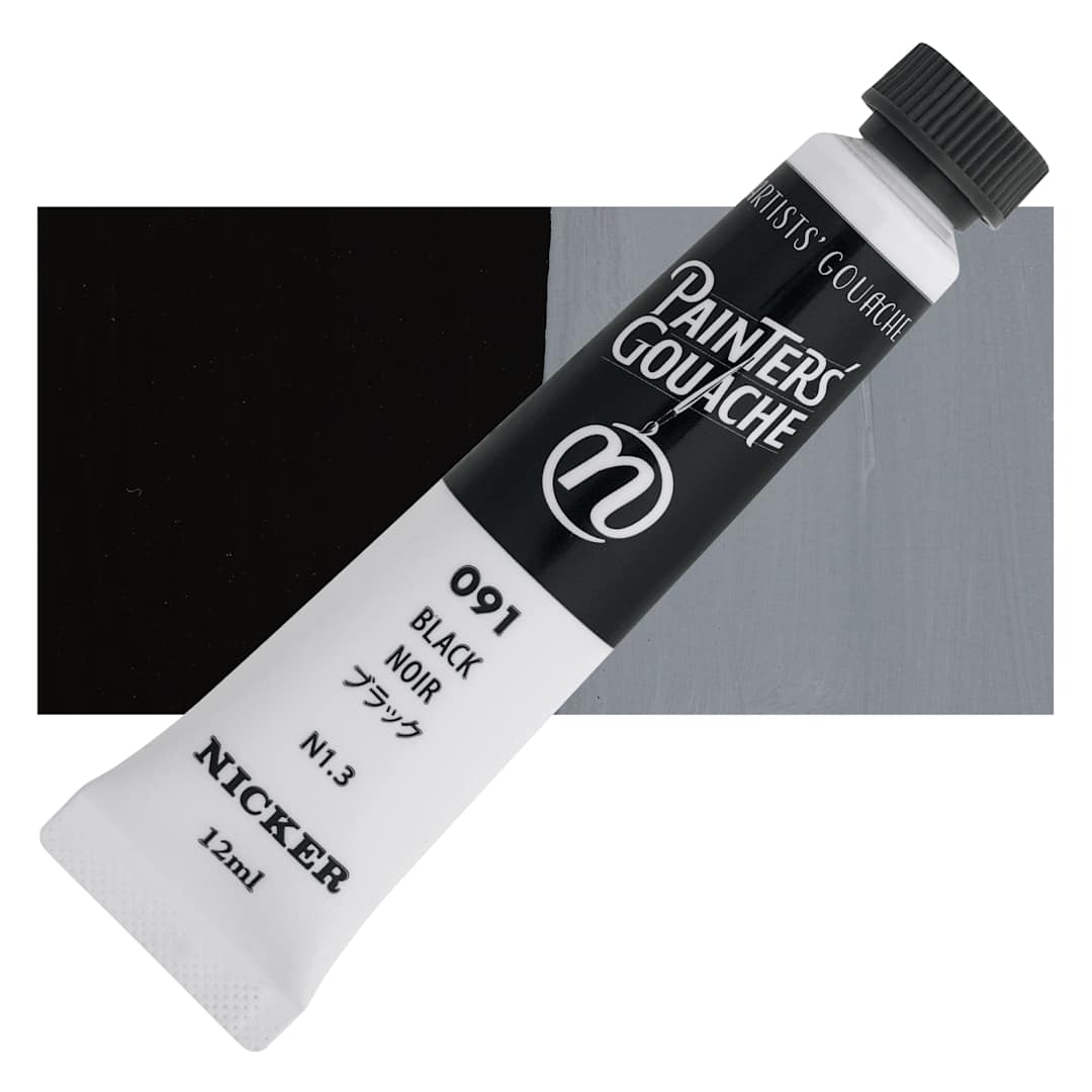 Open in modal - Nicker Painter’s Gouache - Black, 12 ml tube and swatch
