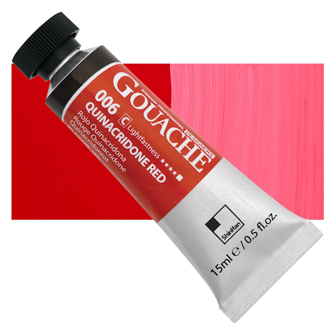 Open in modal - ShinHan Professional Designers Gouache - Quinacridone Red, 15 ml tube and swatch
