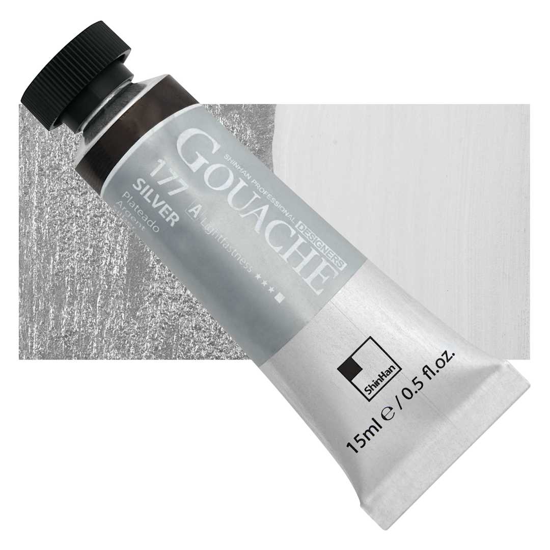 Open in modal - ShinHan Professional Designers Gouache - Silver, 15 ml tube and swatch