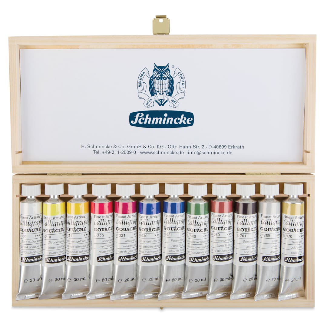 Open in modal - Schmincke Calligraphy Gouache - Set of 12, 20 ml Tubes, Wooden Box opened