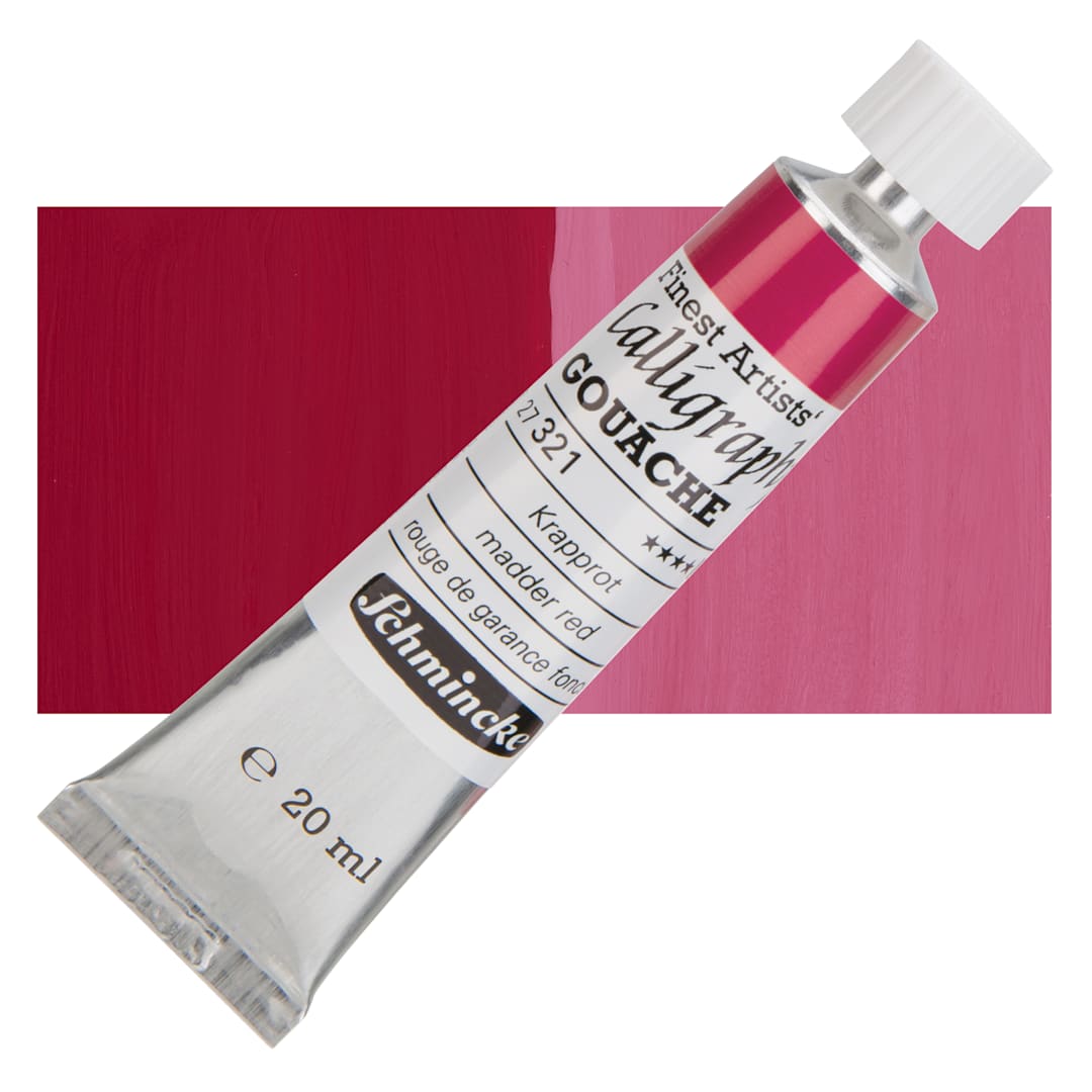 Open in modal - Schmincke Calligraphy Gouache - Madder Red, 20 ml Tube and swatch