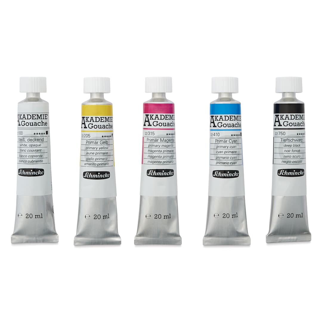 Open in modal - Schmincke Akademie Gouache Paints - Set of 5, CMKY Starter Colors, 20 ml Tubes out of packaging