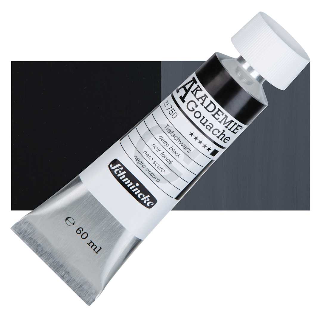 Open in modal - Schmincke Akademie Gouache Paint - Deep Black, 60 ml Tube and Swatch