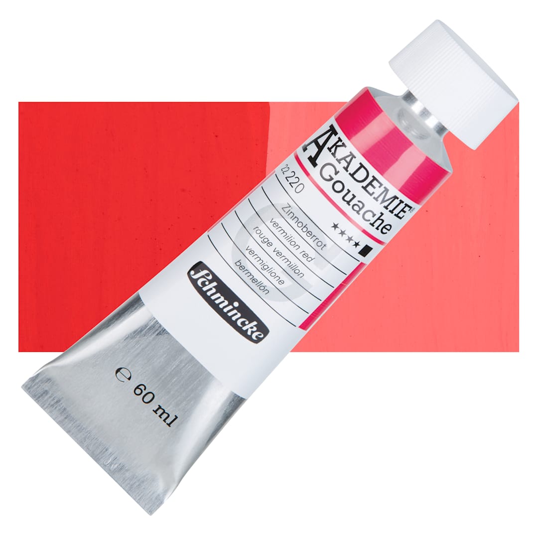 Open in modal - Schmincke Akademie Gouache Paint - Vermilion Red, 60 ml Tube and Swatch