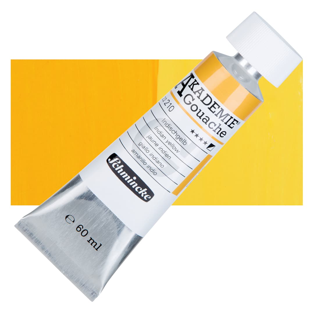 Open in modal - Schmincke Akademie Gouache Paint - Indian Yellow, 60 ml Tube and Swatch