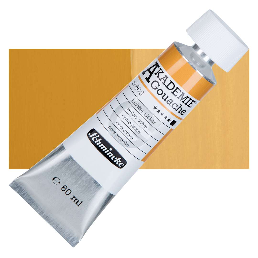 Open in modal - Schmincke Akademie Gouache Paint - Yellow Ochre, 60 ml Tube and Swatch