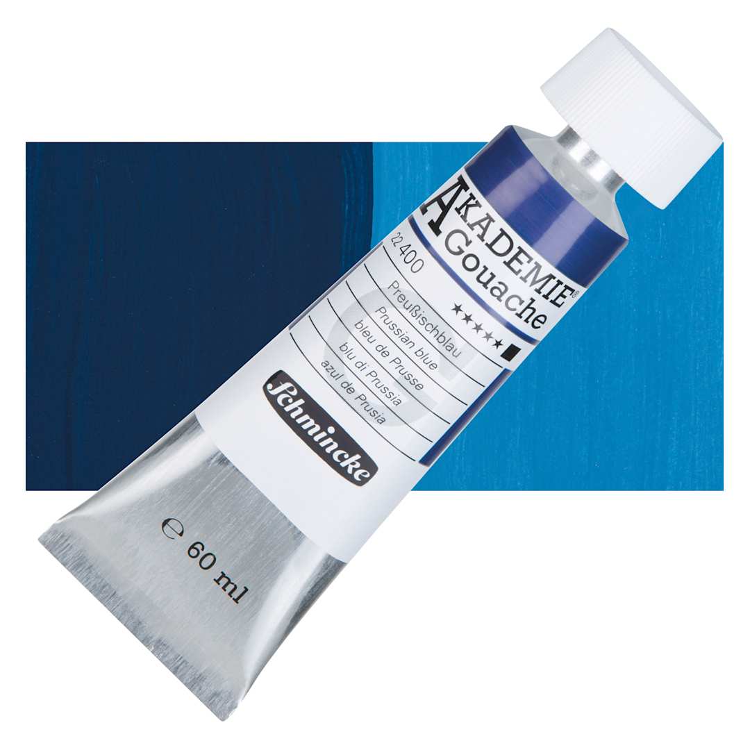 Open in modal - Schmincke Akademie Gouache Paint - Prussian Blue, 60 ml Tube and Swatch