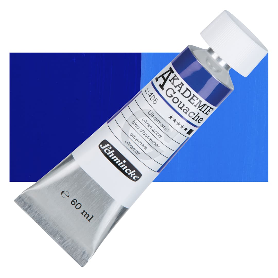 Open in modal - Schmincke Akademie Gouache Paint - Ultramarine, 60 ml Tube and Swatch