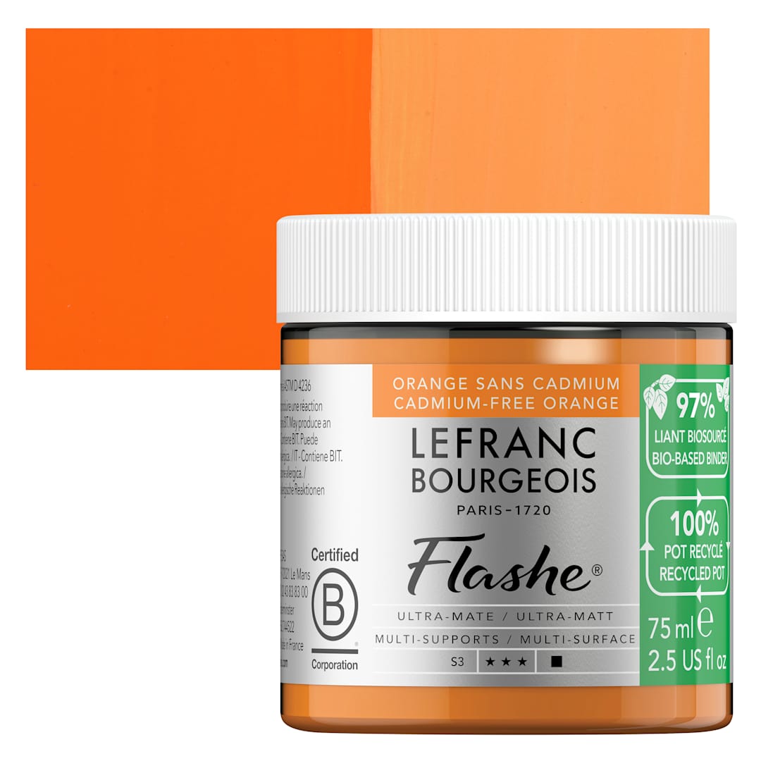 Open in modal - Lefranc Bourgeois Flashe Biobased Paint - Cadmium Free Orange, 75 ml jar and swatch