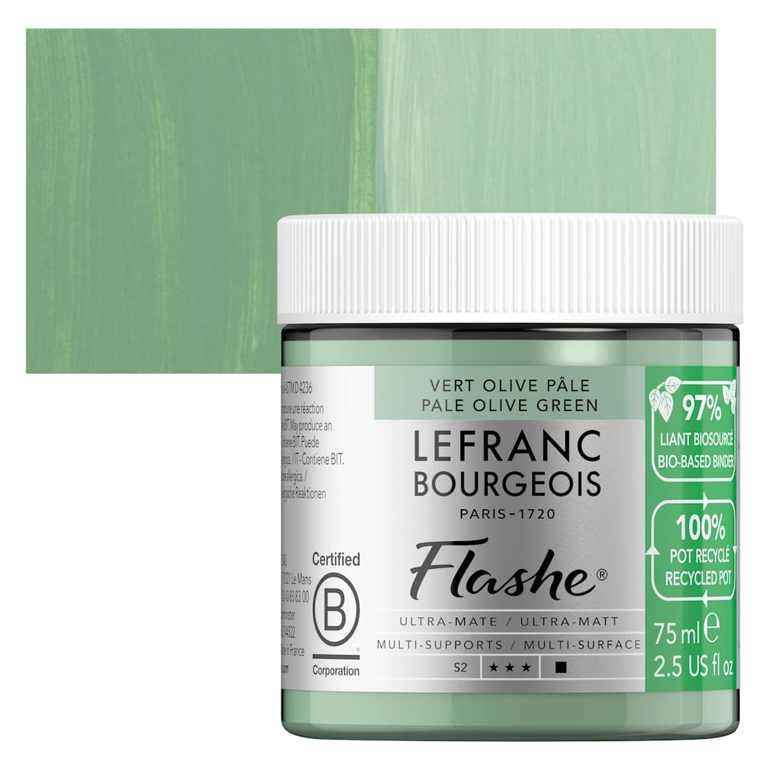 Open in modal - Lefranc Bourgeois Flashe Biobased Paint - Pale Olive Green, 75 ml jar and swatch