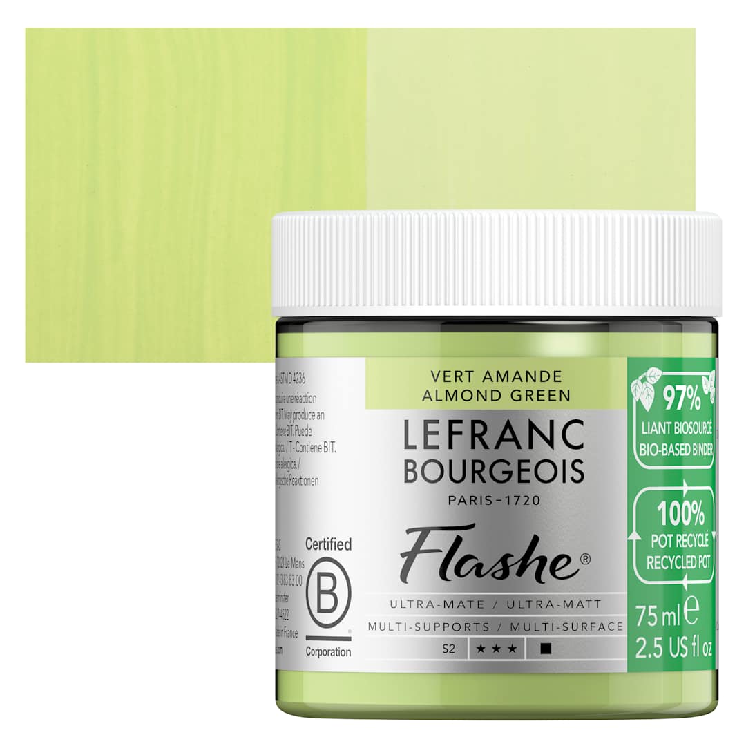Open in modal - Lefranc Bourgeois Flashe Biobased Paint - Almond Green, 75 ml jar and swatch