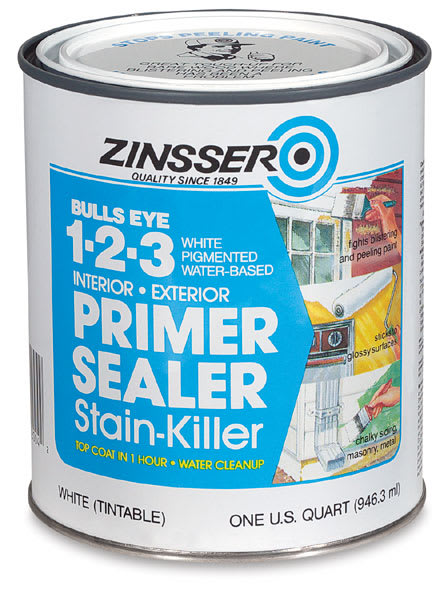 Open in modal - Zinsser Bulls Eye 1-2-3 Latex Primer Sealer - Front of Quart Can of White Primer Sealer
