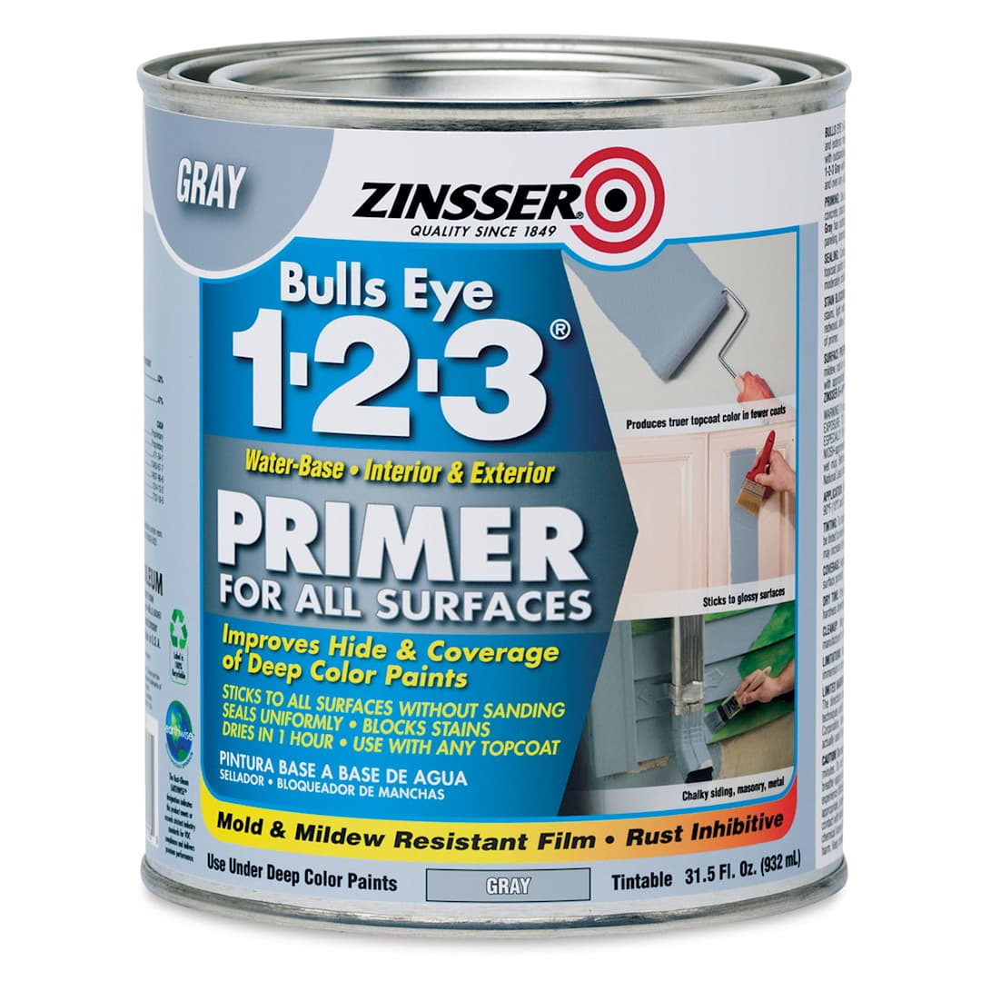 Open in modal - Zinsser Bulls Eye 1-2-3 Latex Primer Sealer - Front of Quart Gray Primer
