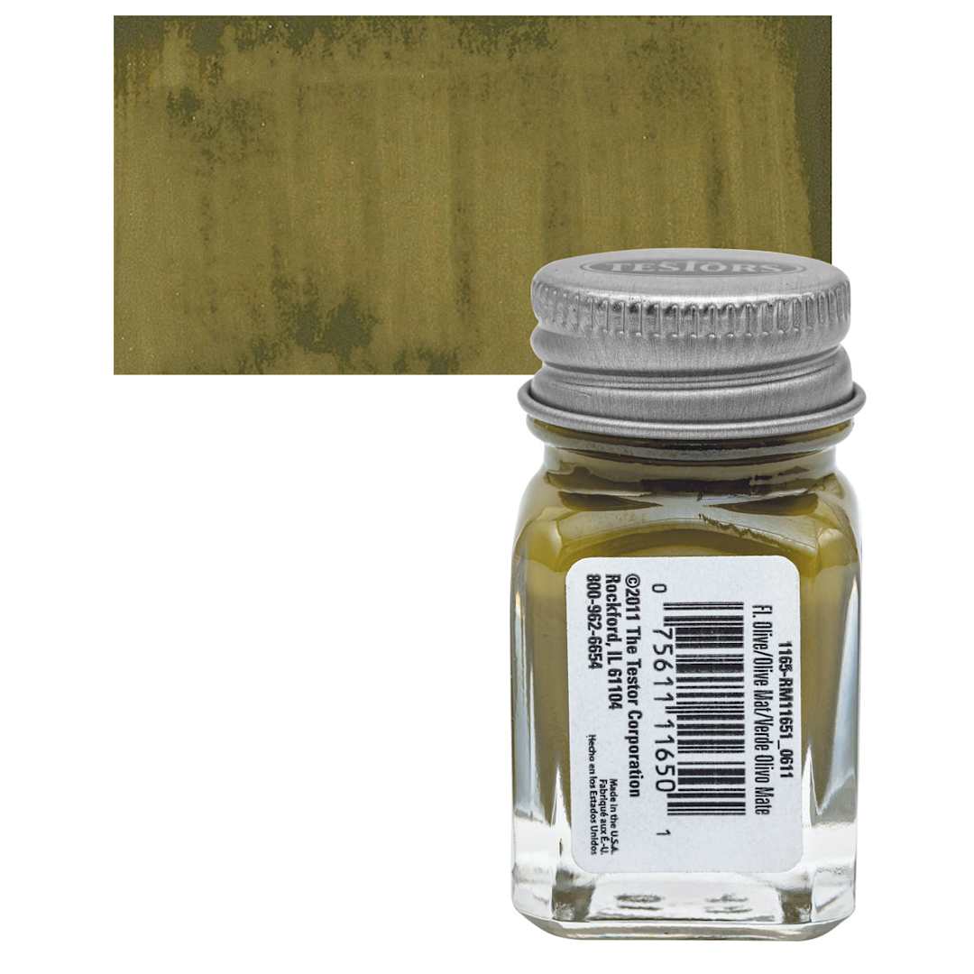 Open in modal - Testors Enamel Paint - Flat Olive, 1/4 oz bottle and swatch