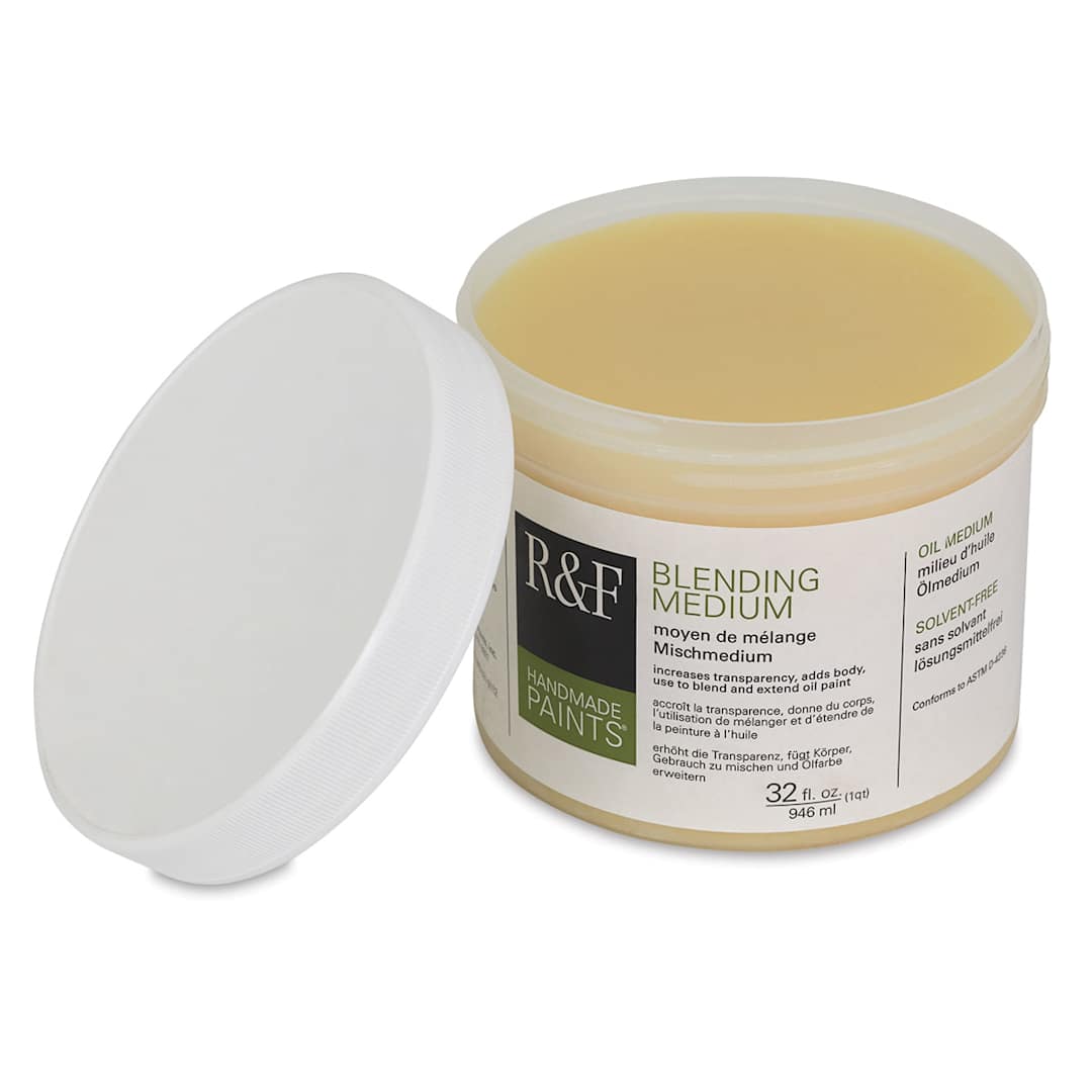 Open in modal - R&F Oil Blending Mediums - Front of 32 oz jar of Blending medium, open with lid adjacent