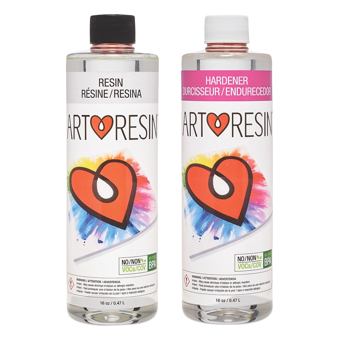 Open in modal - ArtResin Epoxy Resin Starter Kit. Fronts of 16 oz bottle of Resin and 16 oz bottle of Hardener. 
