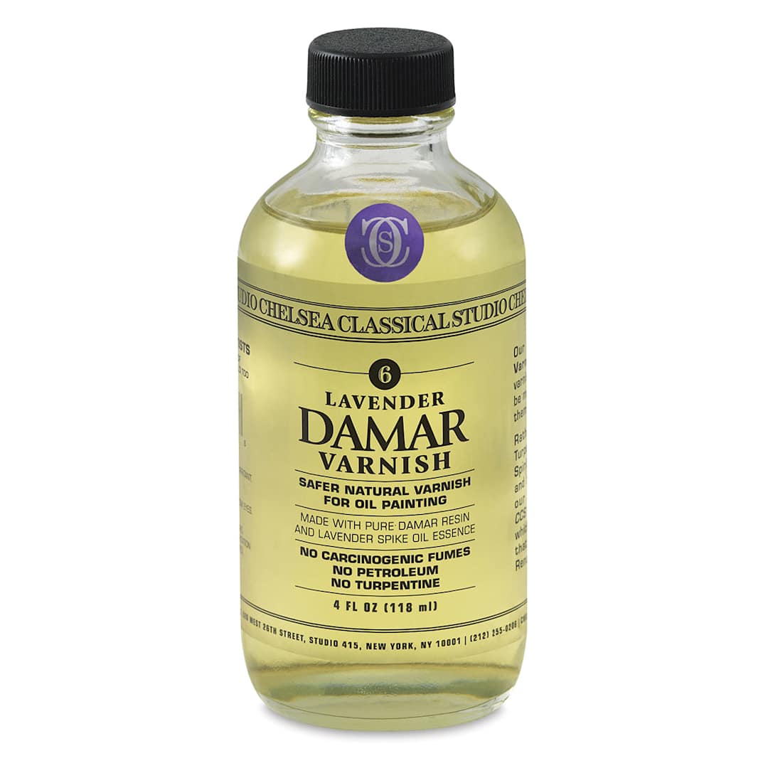 Open in modal - Chelsea Classical Studio Oil Painting Varnishes - Front of 4 oz bottle of Damar Varnish