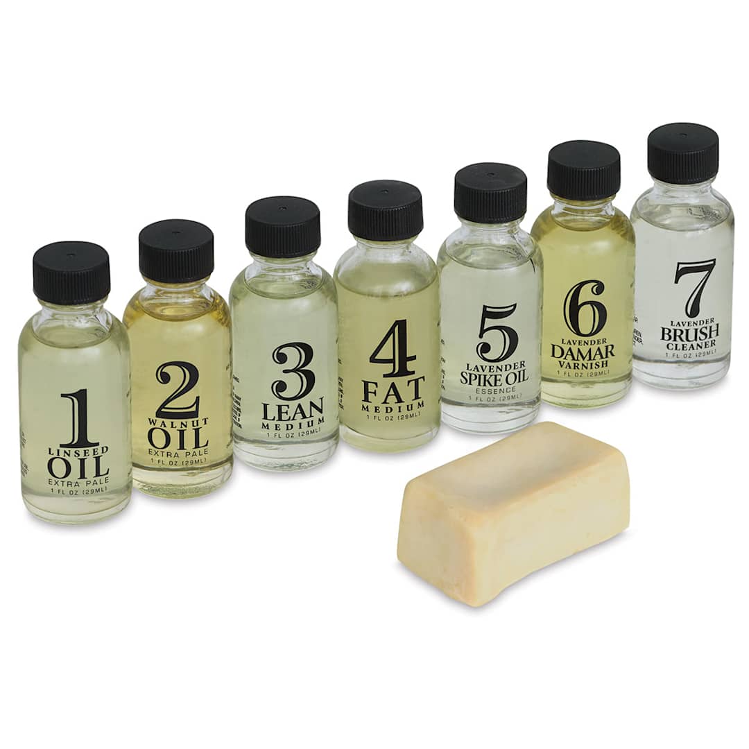 Open in modal - Chelsea Classical Studio Oil Painting Mediums Set - 7 bottles in row with Brush Cleaning Soap
