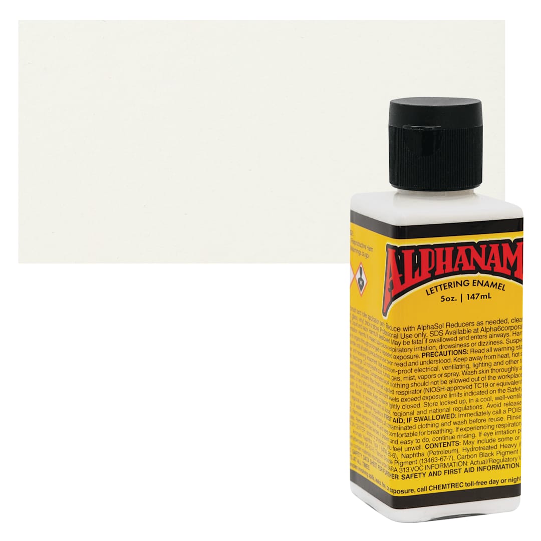 Open in modal - Alpha6 Alphanamel Lettering Enamel - Alpha White, 147 ml - Bottle and Swatch