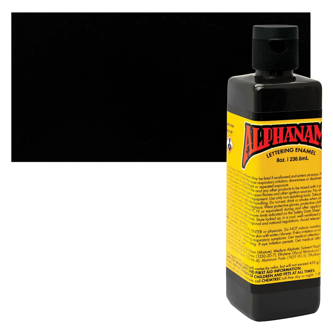 Open in modal - Alpha6 Alphanamel Lettering Enamel - McKeag's Black, 236.6 ml - Bottle and Swatch