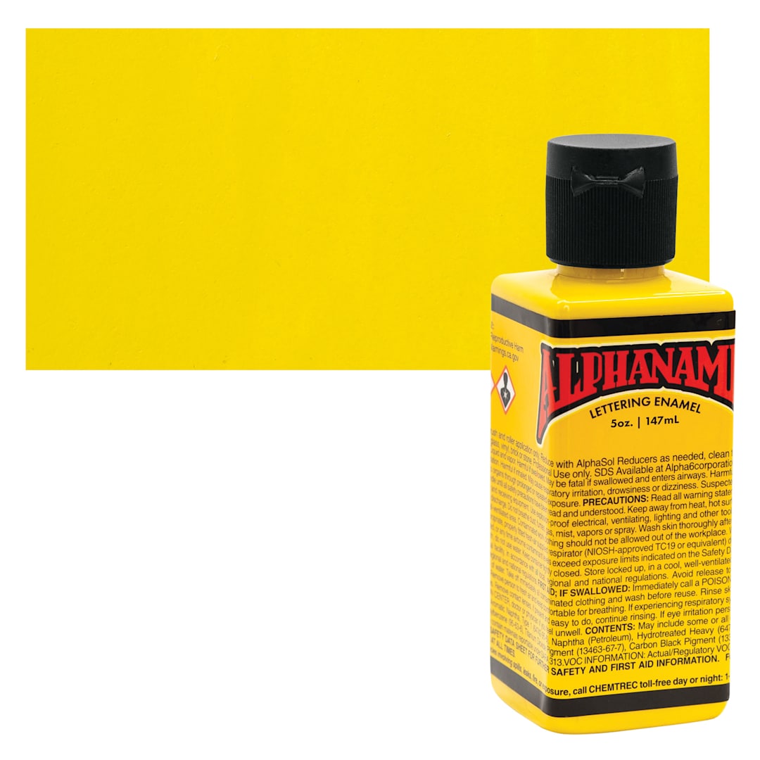 Open in modal - Alpha6 Alphanamel Lettering Enamel - Alpha Yellow, 147 ml - Bottle and Swatch