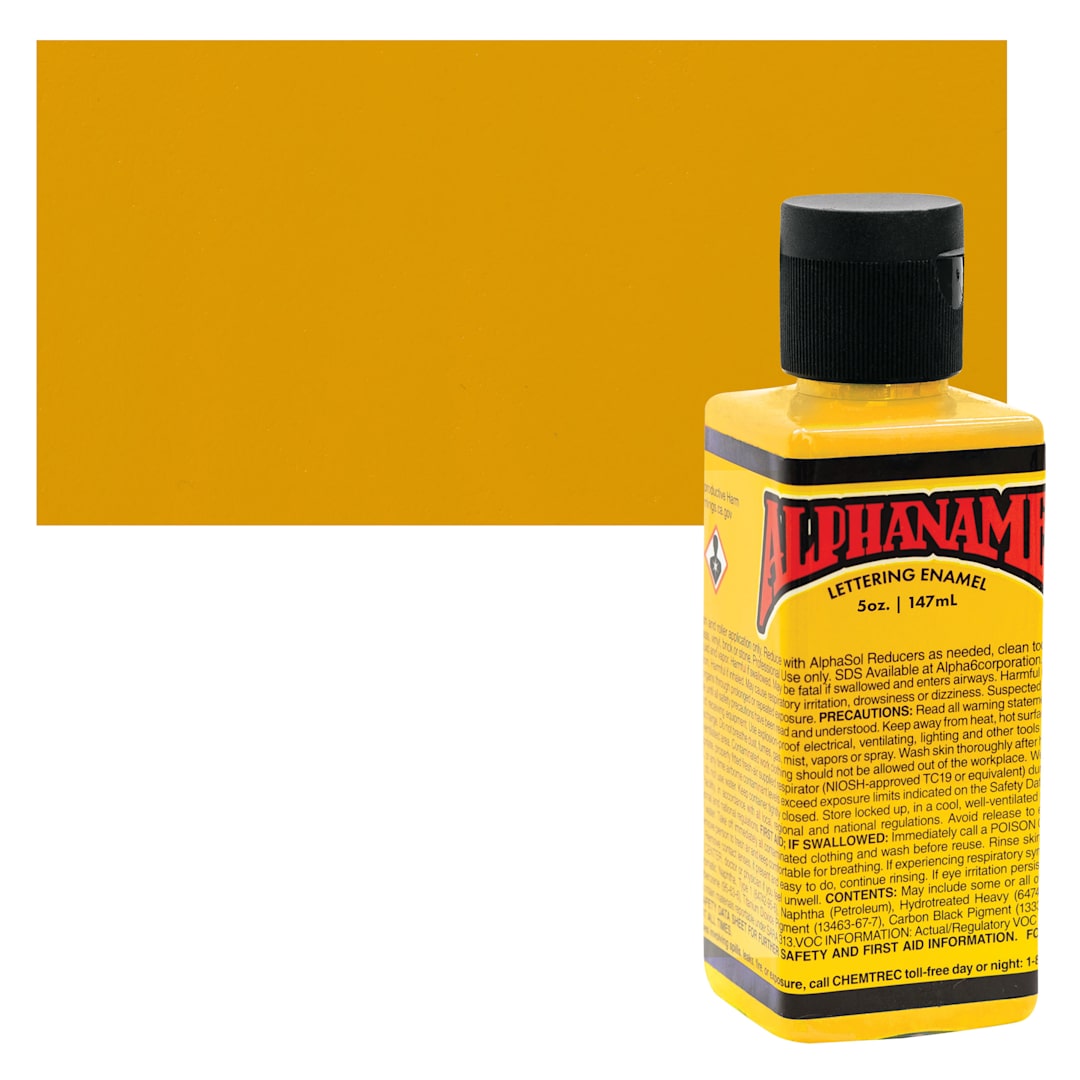 Open in modal - Alpha6 Alphanamel Lettering Enamel - Dark Yellow, 147 ml - Bottle and Swatch