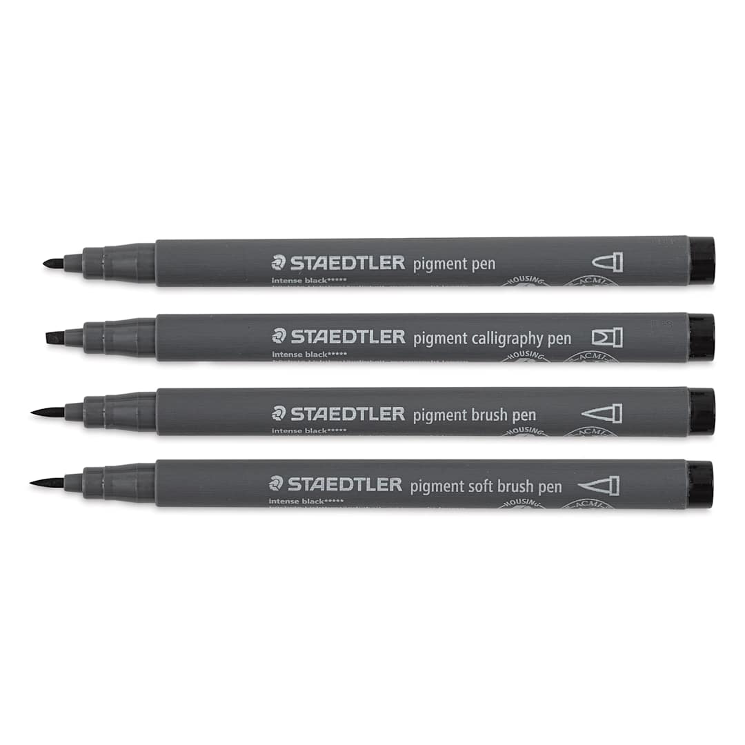 Open in modal - Staedtler Pigment Arts Pens - Intense Black, Assorted Tip, Set of 4, laid out