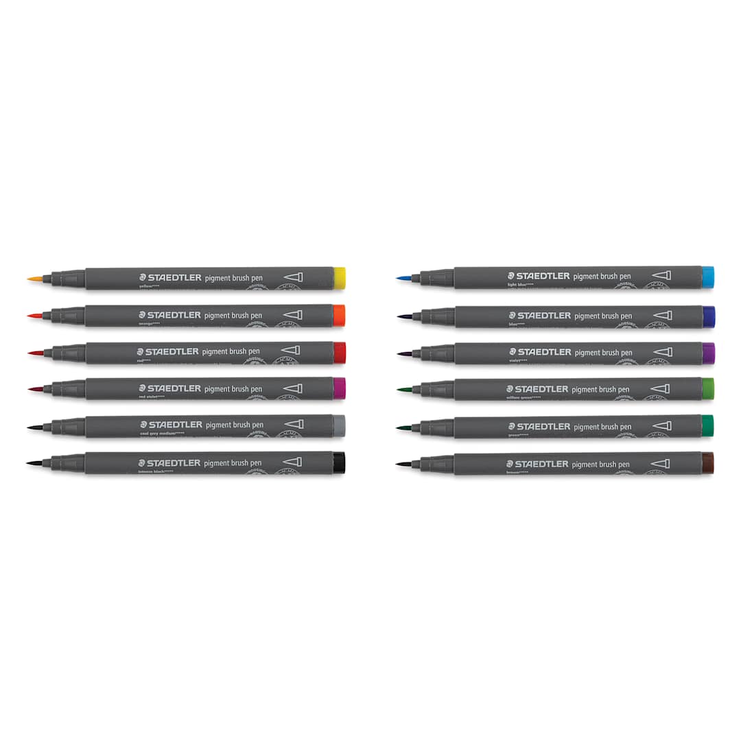 Open in modal - Staedtler Pigment Arts Brush Pens - Basic Colors, Set of 12, markers laid out with caps off