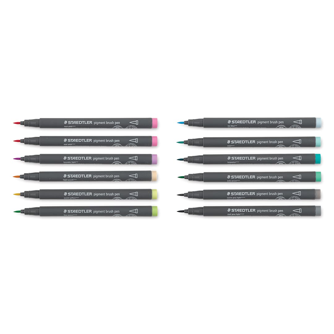 Open in modal - Staedtler Pigment Arts Brush Pens - Pastel Colors, Set of 12 pens laid out with caps off