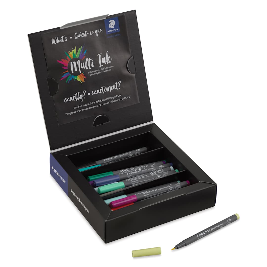 Open in modal - Staedtler Pigment Arts Pens - Brush Pens, Set of 36, lid open and pen laid out