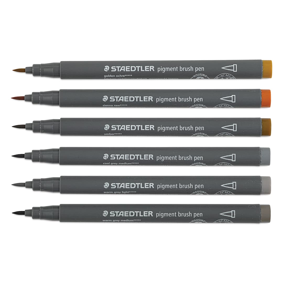 Open in modal - Staedtler Pigment Arts Brush Pens - Greys and Caramels, Set of 6 pens laid out with caps off