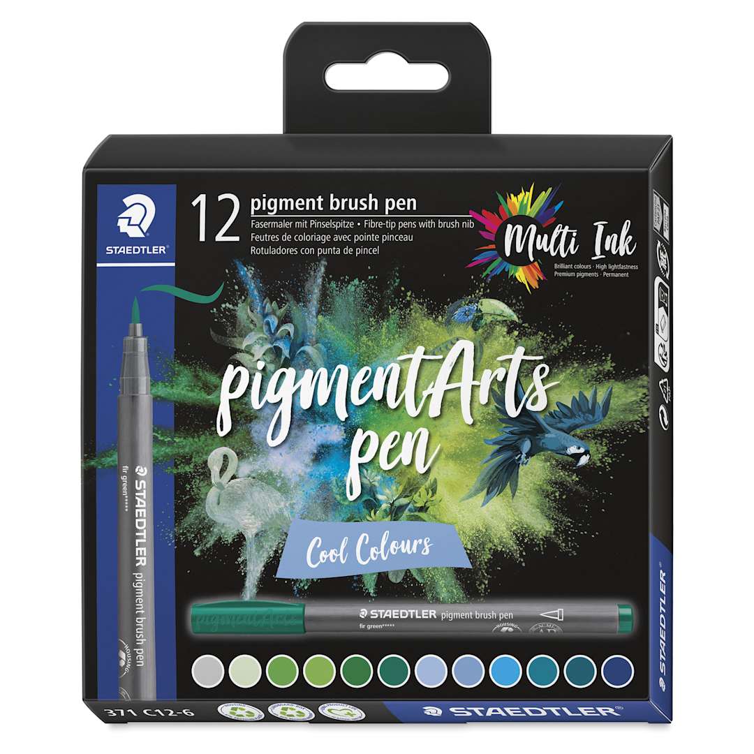 Open in modal - Staedtler Pigment Arts Brush Pens - Cool Colors, Set of 12, front of the packaging