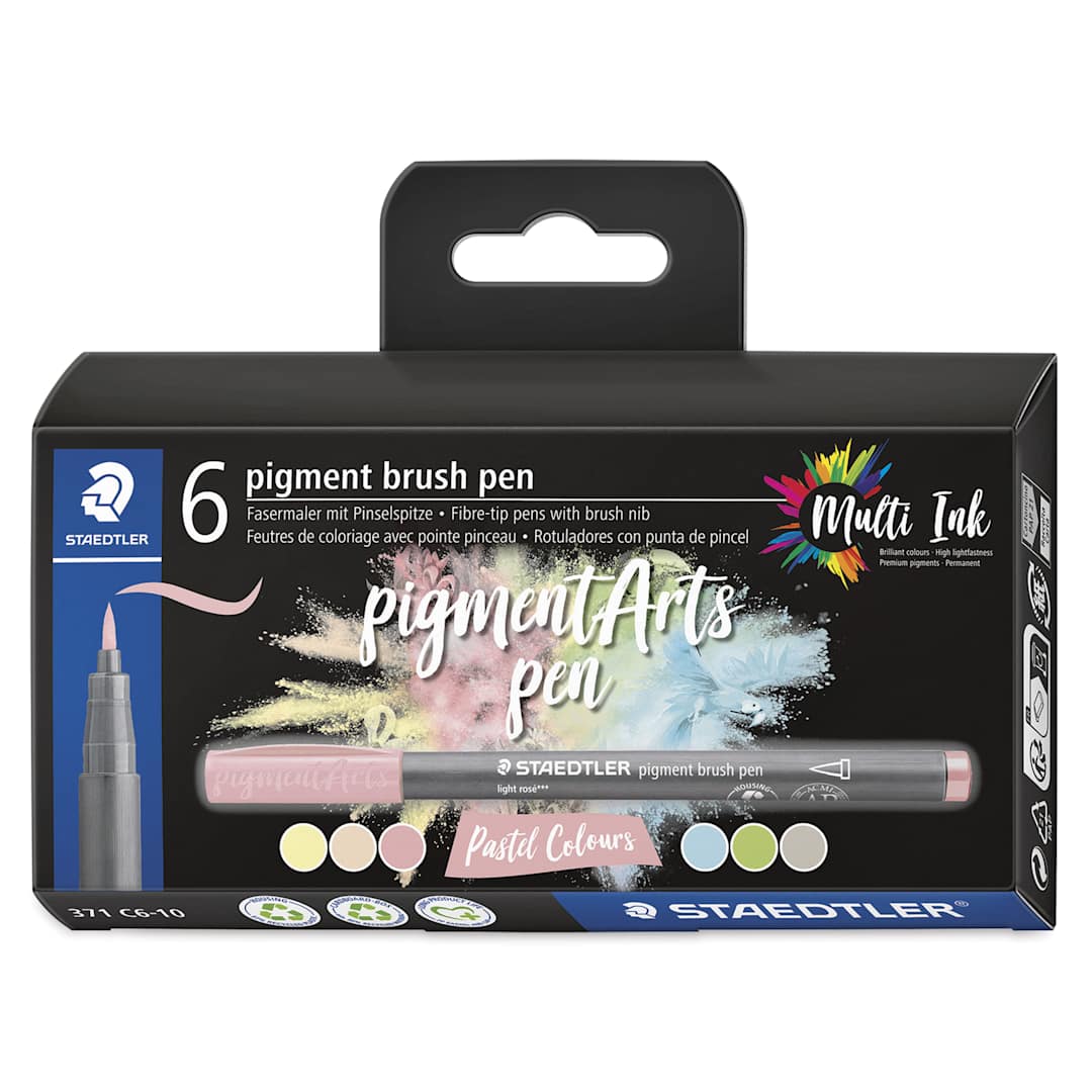 Open in modal - Staedtler Pigment Arts Brush Pens - Pastel Colors, Set of 6, front of the packaging