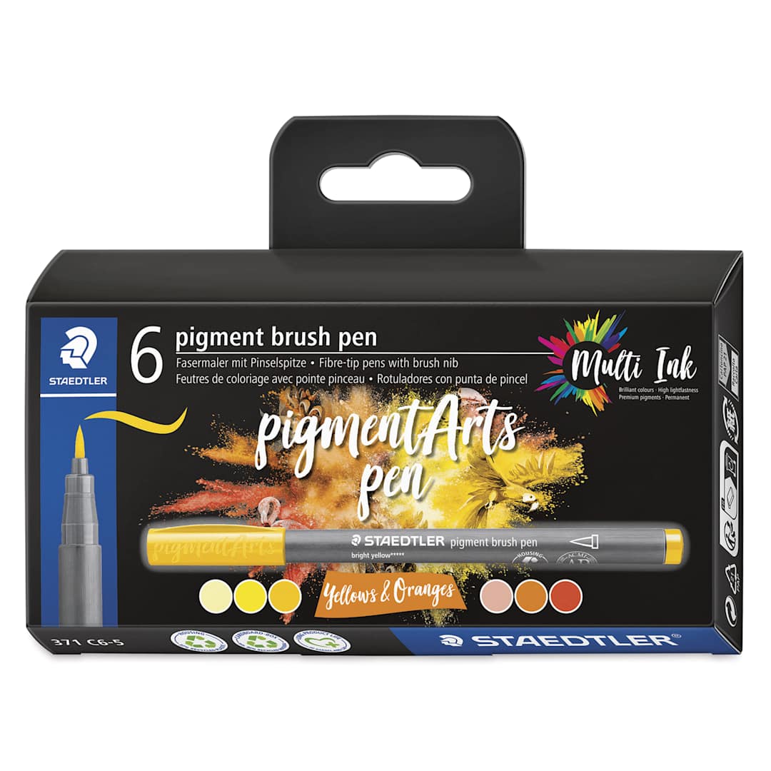 Open in modal - Staedtler Pigment Arts Brush Pens - Yellow and Oranges, Set of 6, front of the packaging