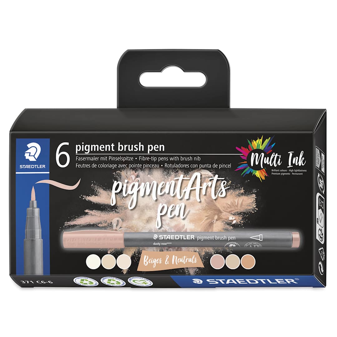 Open in modal - Staedtler Pigment Arts Brush Pens - Beige and Neutrals, Set of 6, front of the packaging