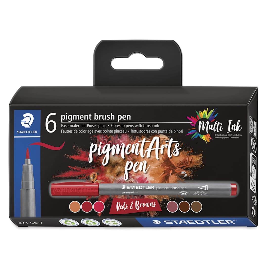 Open in modal - Staedtler Pigment Arts Brush Pens - Red and Browns, Set of 6, front of the packaging