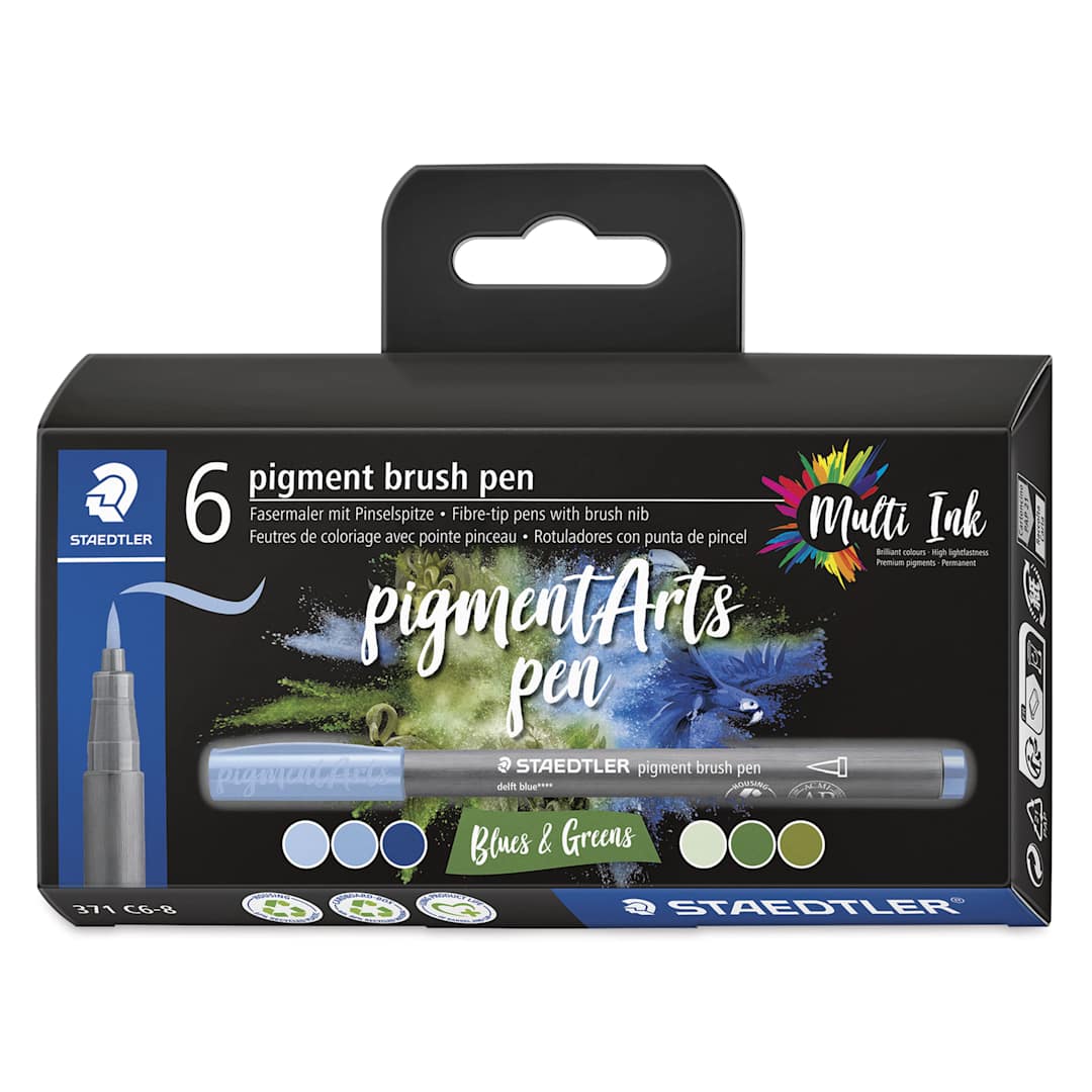 Open in modal - Staedtler Pigment Arts Brush Pens - Blue and Greens, Set of 6, front of the packaging