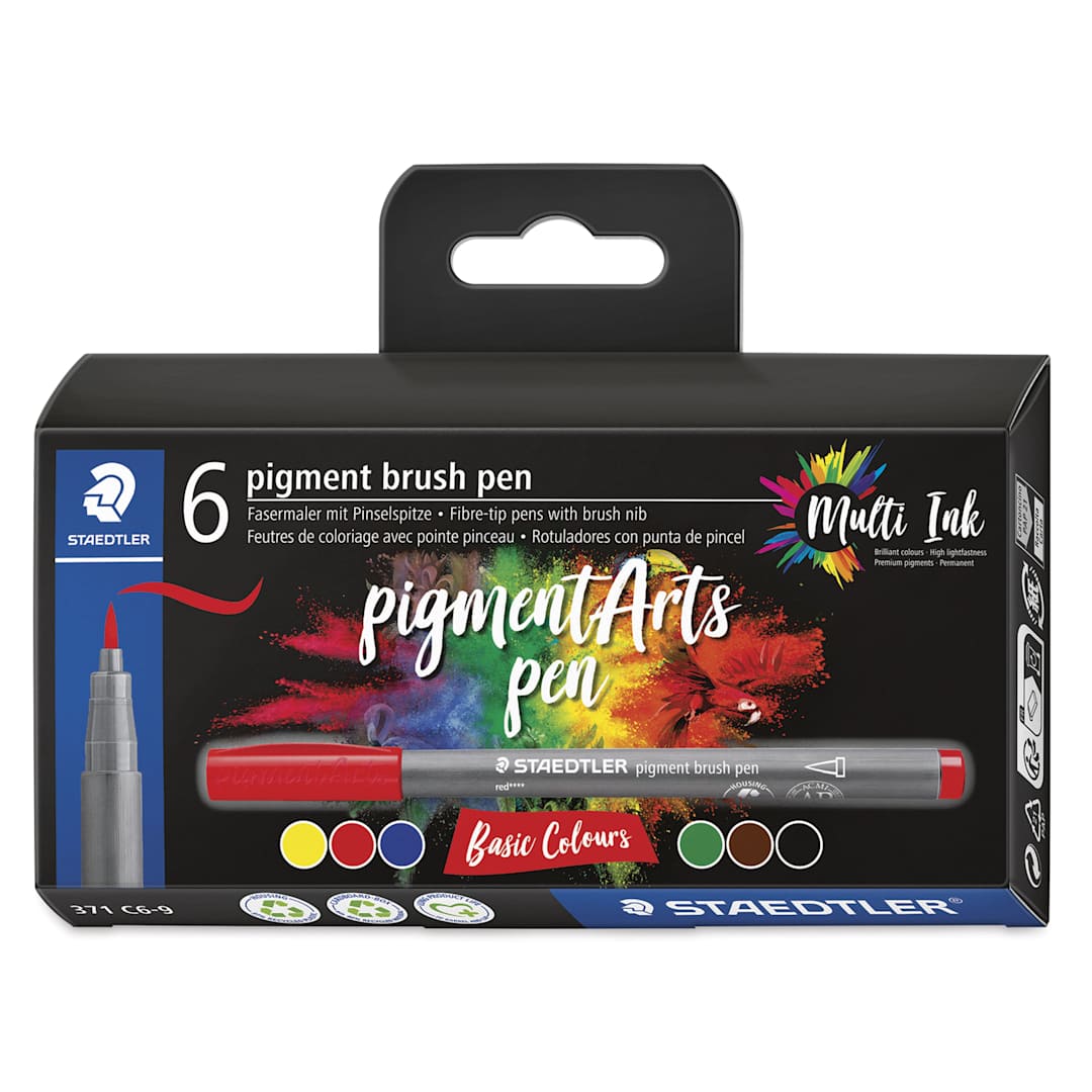 Open in modal - Staedtler Pigment Arts Brush Pens - Basic Colors, Set of 6, front of the packaging