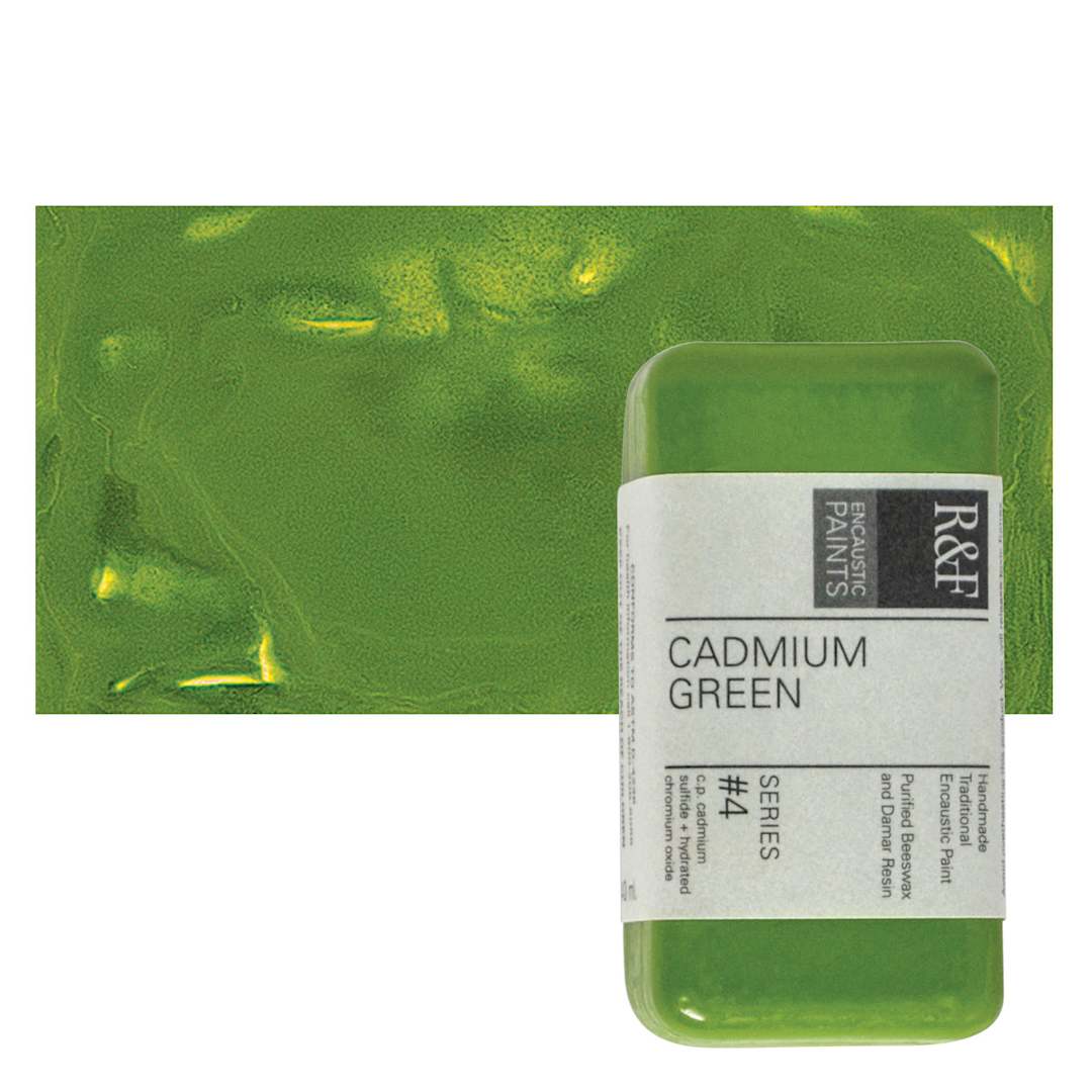 Open in modal - R&F Encaustic Paint Block - Cadmium Green, 40 ml block and swatch