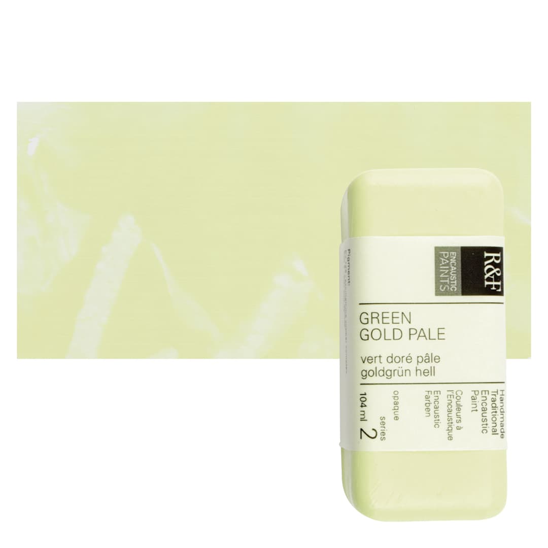 Open in modal - R&F Encaustic Paint Block - Green Gold Pale, 104 ml block and swatch