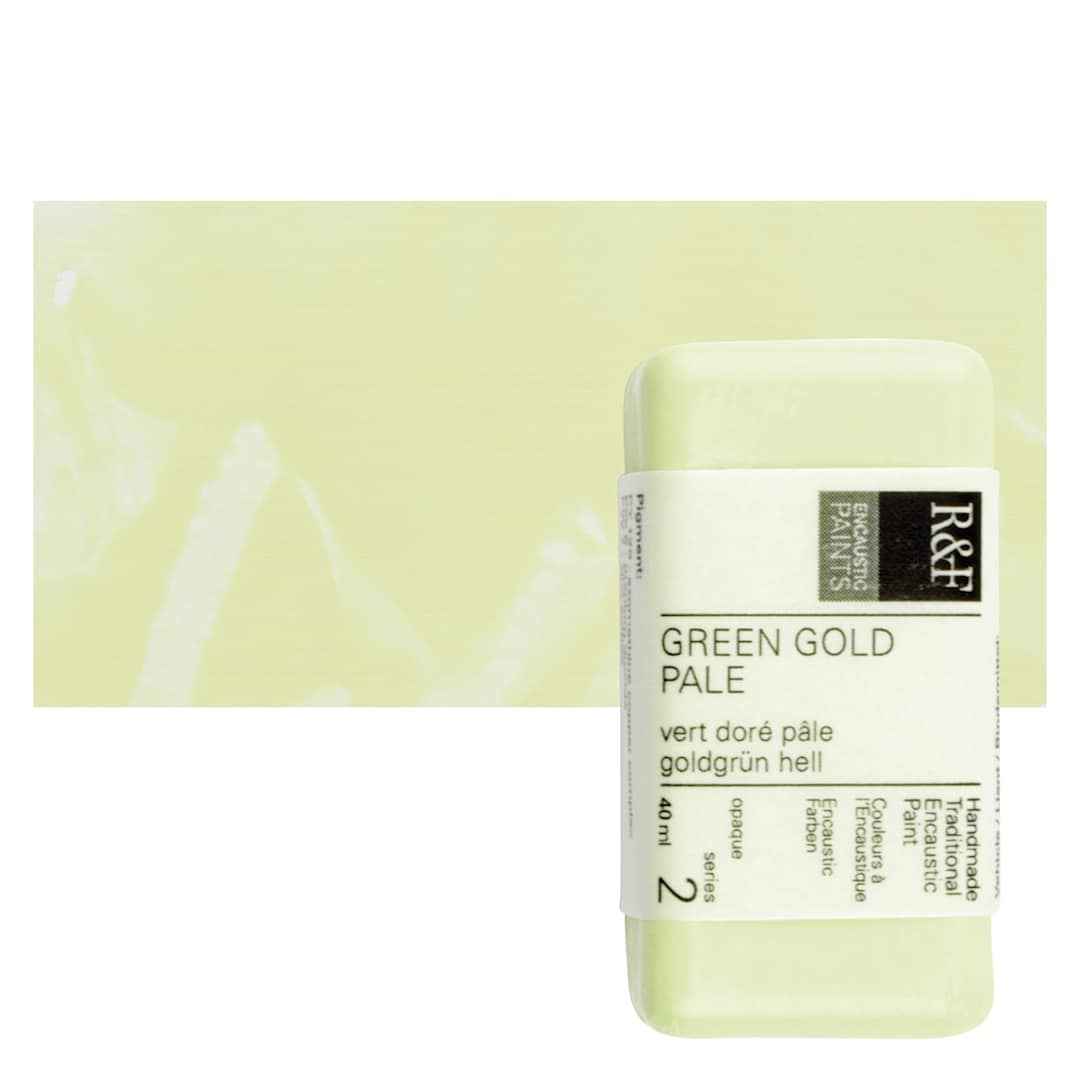 Open in modal - R&F Encaustic Paint Block - Green Gold Pale, 40 ml block and swatch