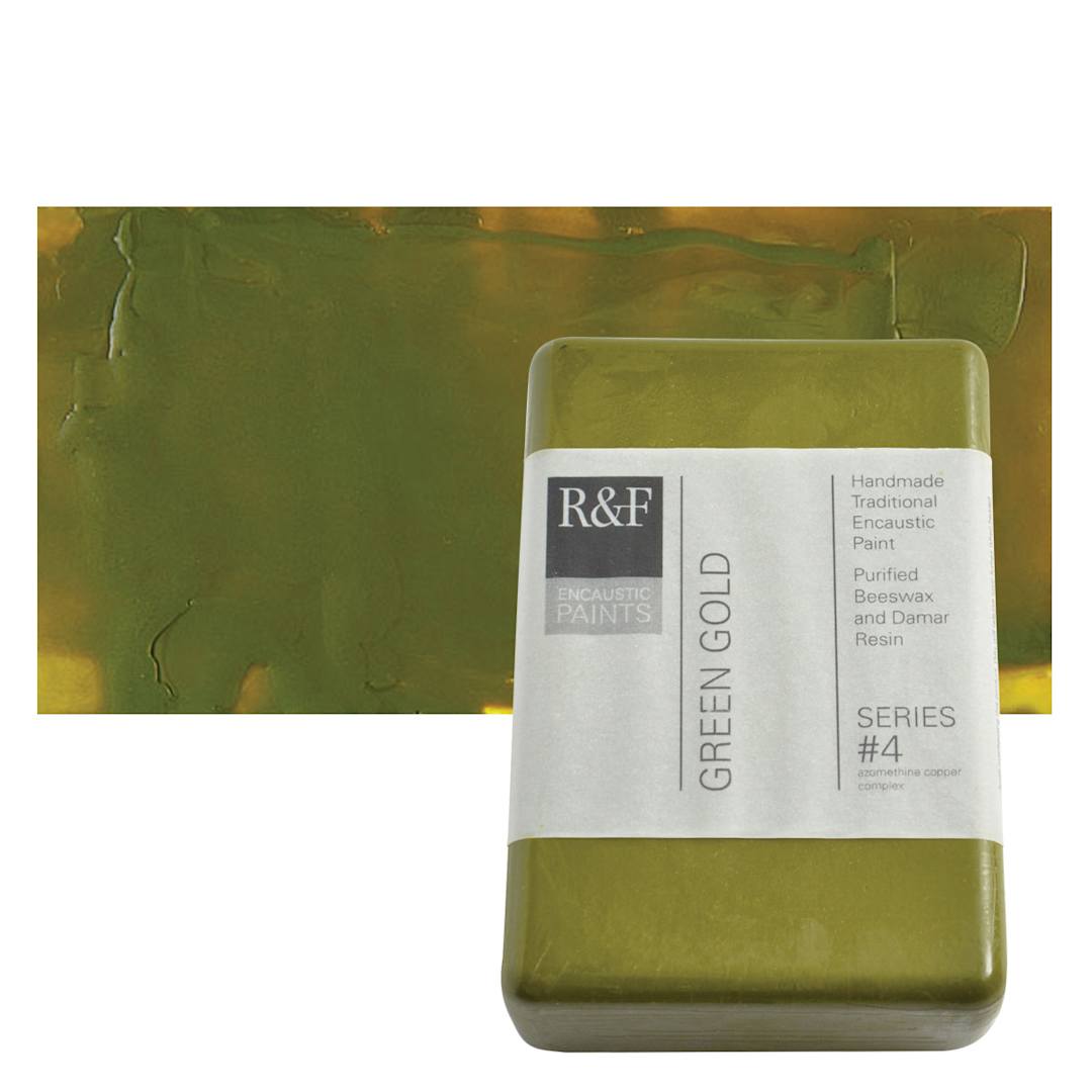 Open in modal - R&F Encaustic Paint Block - Green Gold, 333 ml block and swatch