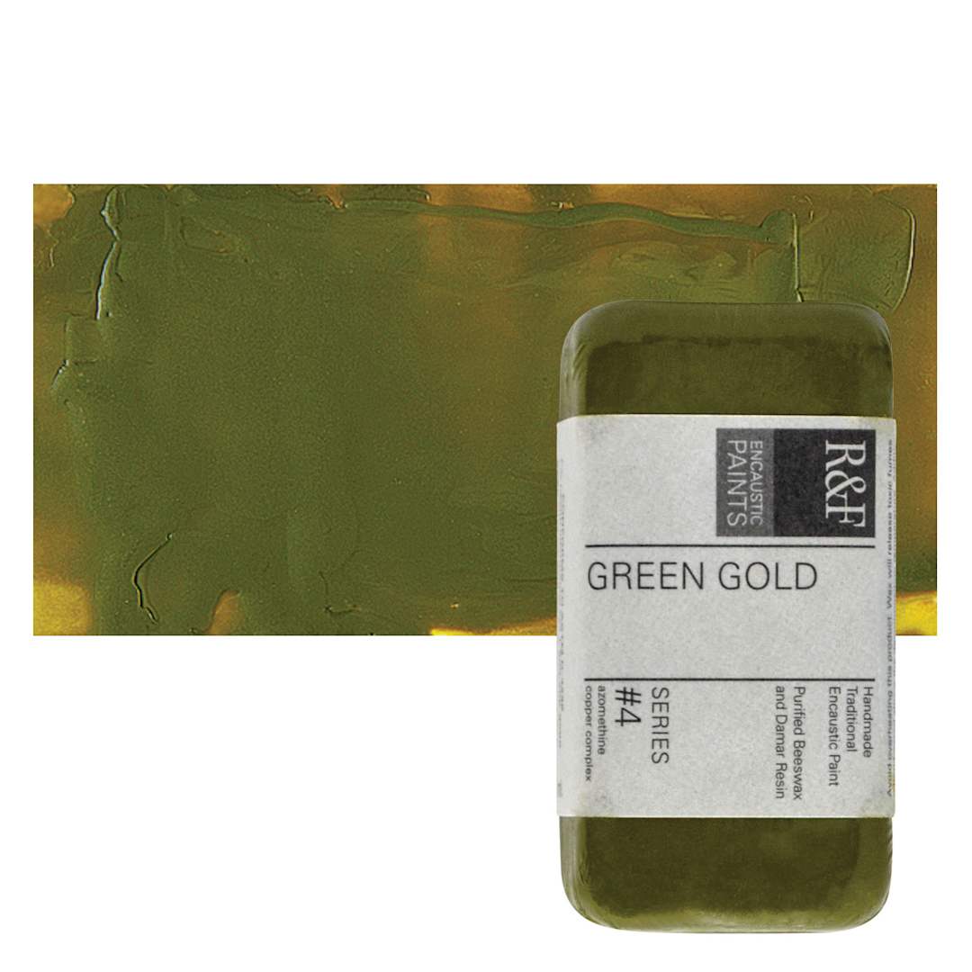 Open in modal - R&F Encaustic Paint Block - Green Gold, 40 ml block and swatch