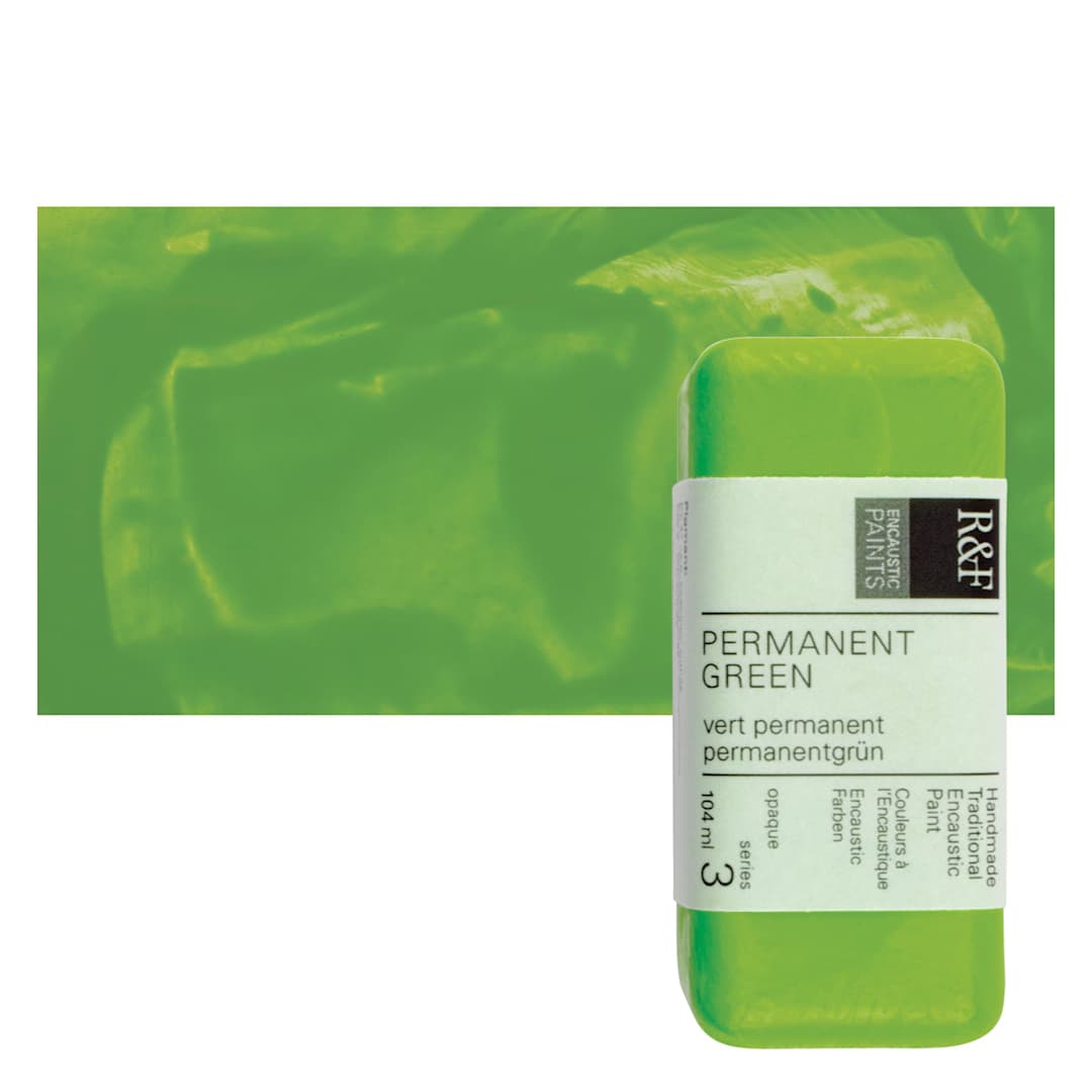 Open in modal - R&F Encaustic Paint Block - Permanent Green, 104 ml block and swatch