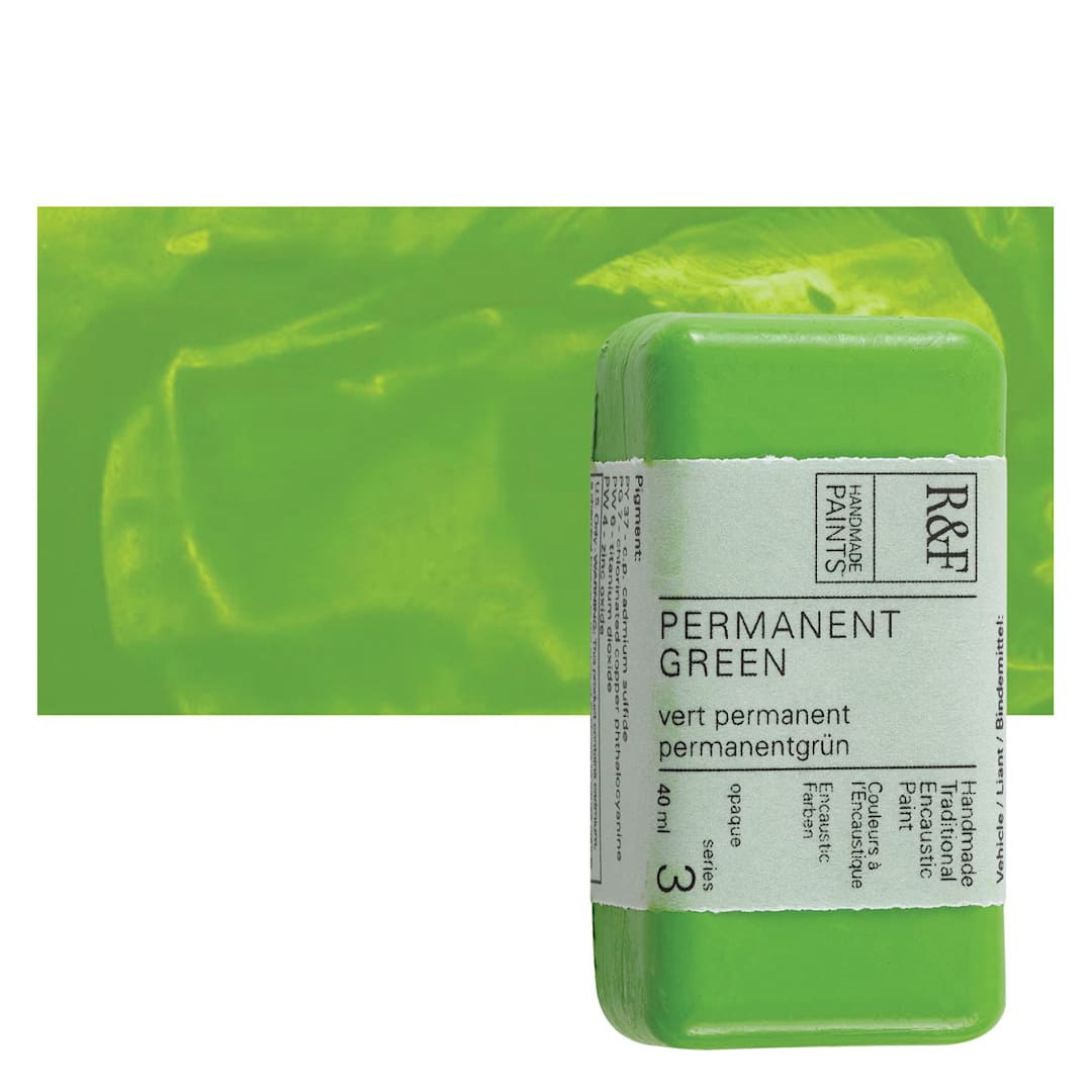 Open in modal - R&F Encaustic Paint Block - Permanent Green, 40 ml block and swatch