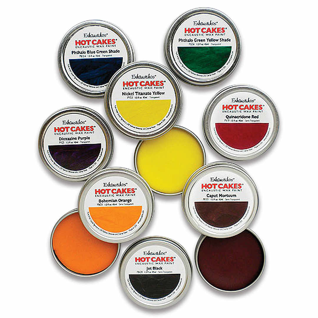 Open in modal - Enkaustikos Hot Cakes Encaustic Paint - Top view of Extended Academy set of 8 Tins with three open