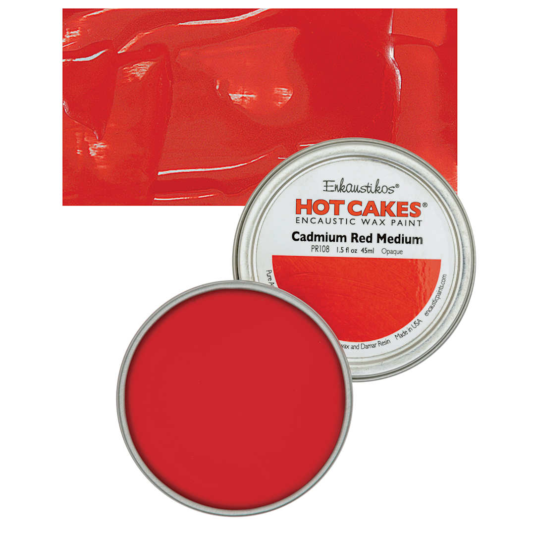 Open in modal - Enkaustikos Hot Cakes Encaustic Wax Paint - Cadmium Red Medium, 45 ml tin and swatch
