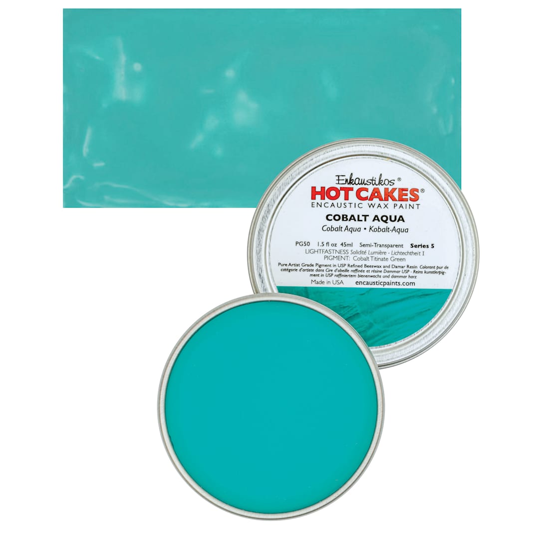 Open in modal - Enkaustikos Hot Cakes Encaustic Wax Paint - Cobalt Aqua, 45 ml tin and swatch