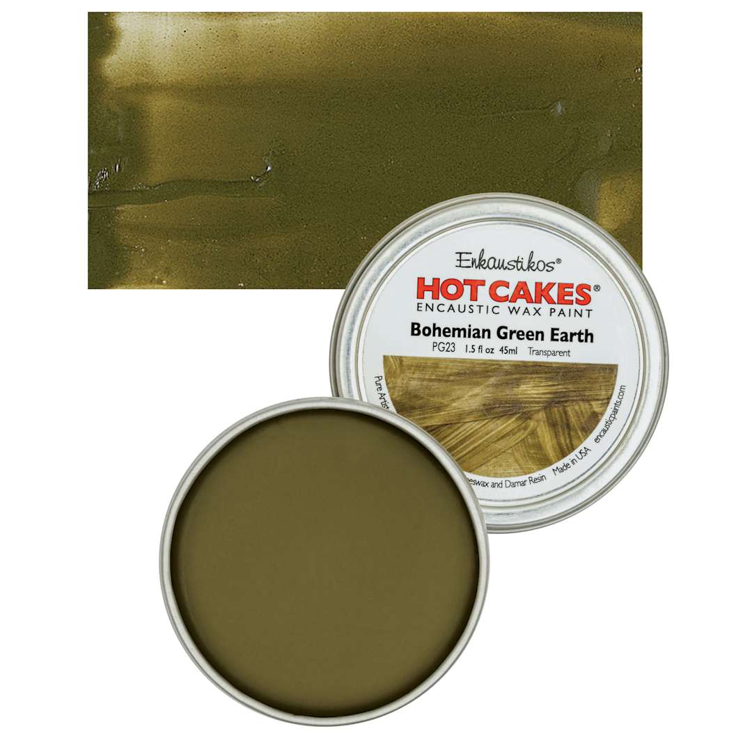 Open in modal - Enkaustikos Hot Cakes Encaustic Wax Paint - Bohemian Green Earth, 45 ml tin and swatch