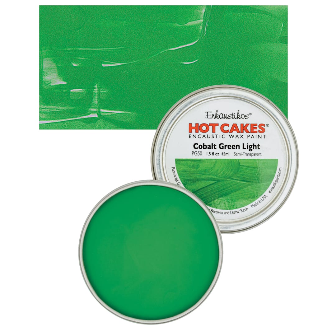 Open in modal - Enkaustikos Hot Cakes Encaustic Wax Paint - Cobalt Green Light, 45 ml tin and swatch